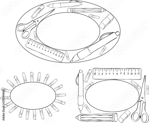 Back to school Black and white School student tools frame oval set hand drawn illustration. Vector graphic line ink art template. Perfect for logo, branding, packaging, labels, modern decor design.