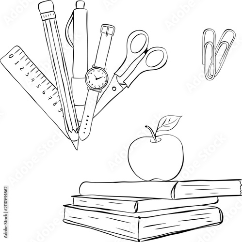back to school tools School composition set Black and white hand drawn illustration. Vector graphic line ink art. Perfect for cafe logo, branding, packaging, labels, and modern decor design.