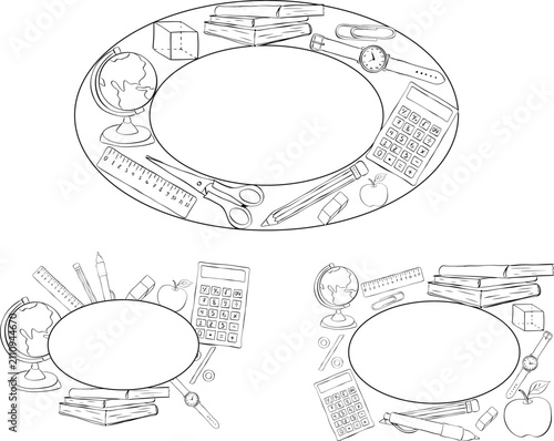 School supplies and stationery items Black and white School student tools frame oval set hand drawn illustration. Vector graphic line ink art template. packaging, labels, and modern decor design.