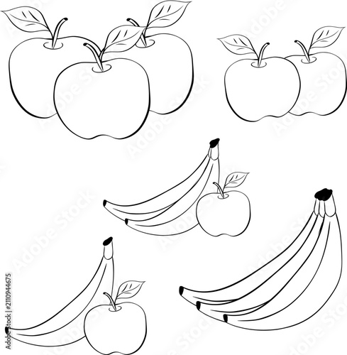 Bananas Apple Composition set hand drawn illustration. Black and white Vector graphic line ink art template. Perfect for logo, branding, packaging, labels, and modern decor design.