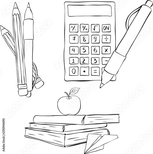 Back to school School composition set Black and white hand drawn illustration. Vector graphic line ink art. backpack apple books and pencil line art elements. Design for package, textile, cards.