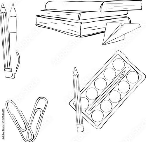 Set of drawing supplies: palette, brush, and pencil. Accessories for school and creativity. School composition set Black and white hand drawn illustration. Vector graphic line ink art. textile, cards.