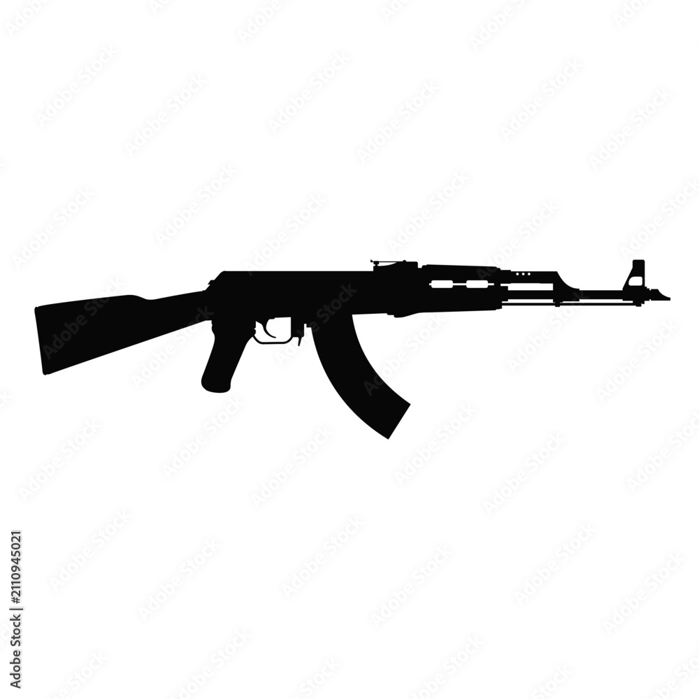 Fototapeta premium Rifle silhouette is displayed in black on a white background to illustrate tactical equipment.