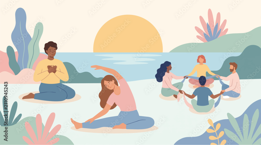 Obraz premium Group Yoga and Meditation Session outdoors near Lake at Sunset for Mental Health