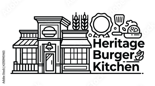 Burger restaurant building with food icons and text elements