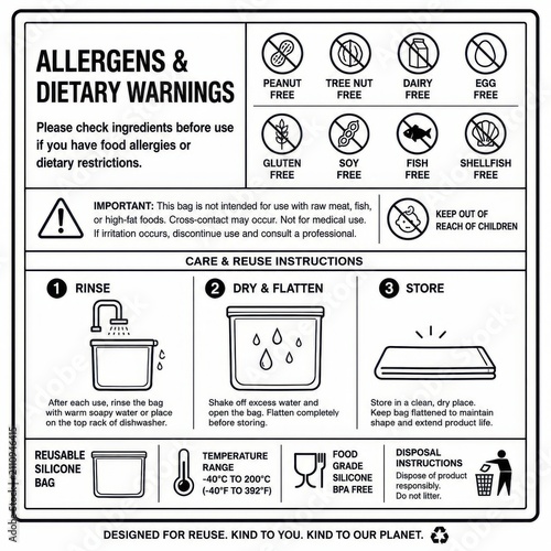 nutrition facts label with allergens and dietary warnings for reusable silicone bag nutritoin facts label