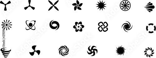 Isolated Minimalist black abstract icons set, 21 geometric spiral and propeller symbols, modern graphic design elements for branding and logo creation ,Clean grouped each Icon