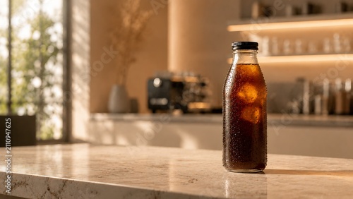 Premium Bottled Coffee on Sophisticated Café Counter with Softly Blurred Modern Interior and Natural Window Light for Luxury Beverage Branding Campaigns