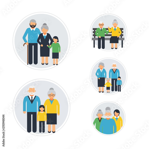Diverse multi-generational family characters in flat circles.