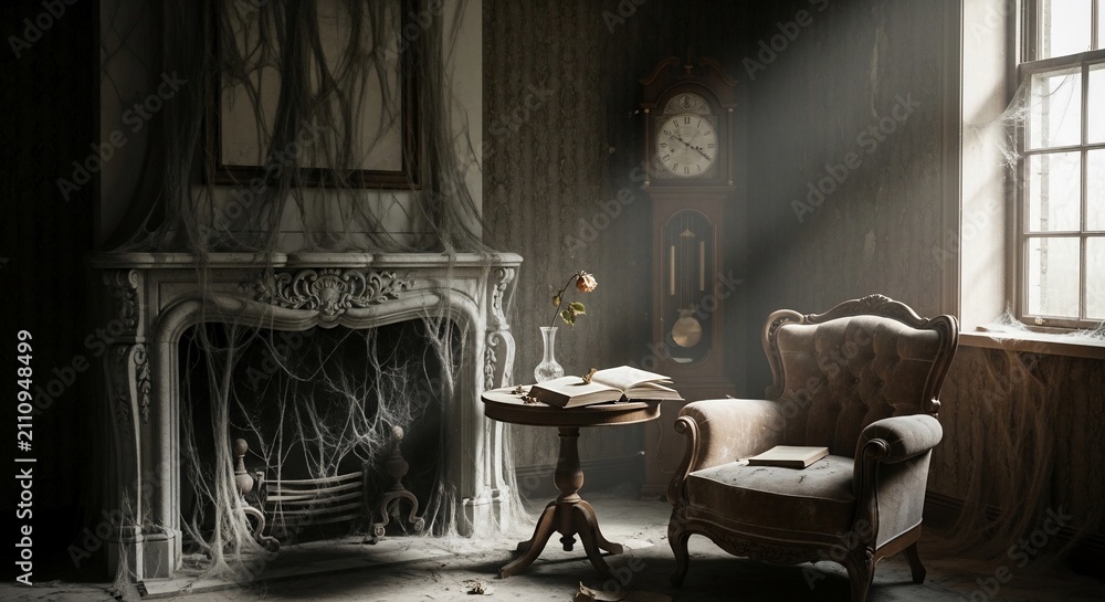 Obraz premium Armchair sits beside a fireplace covered in thick spiderwebs within a dusty, abandoned Victorian room.