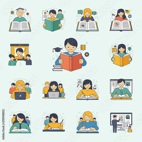 Diverse students reading and learning with books.