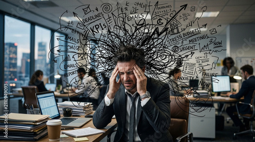 Stressed Businessman Overwhelmed by Workload and Thoughts in Office