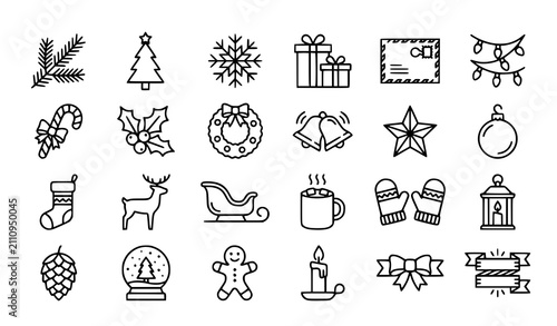 Editable Merry Christmas holiday vector icon bundle with gifts snowflakes garlands and festive outline symbols