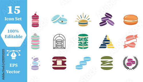 Assorted macaron dessert pastry icon set with colorful collection illustration