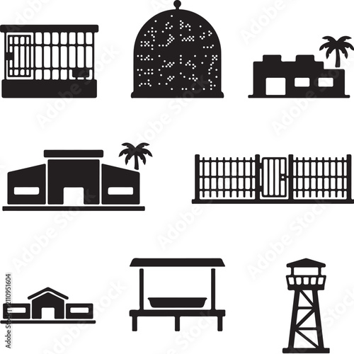 Prison and correctional facility icon set, black silhouette jail buildings and security elements, 8 vector graphics for justice system concepts
