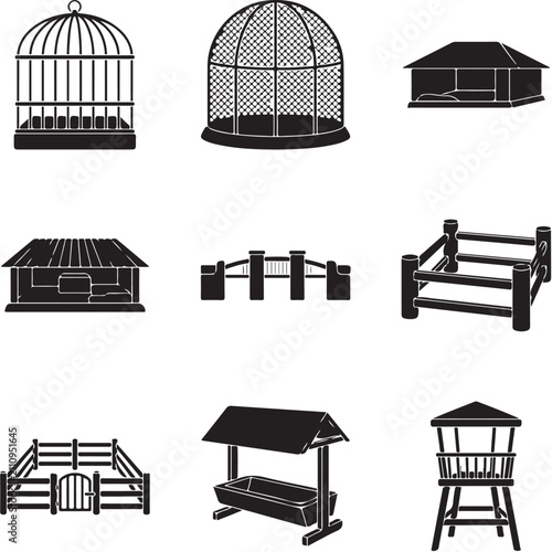 Black silhouette zoo and farm enclosure icons, 9 animal cage and fence vector elements, pet housing and livestock shelter set
