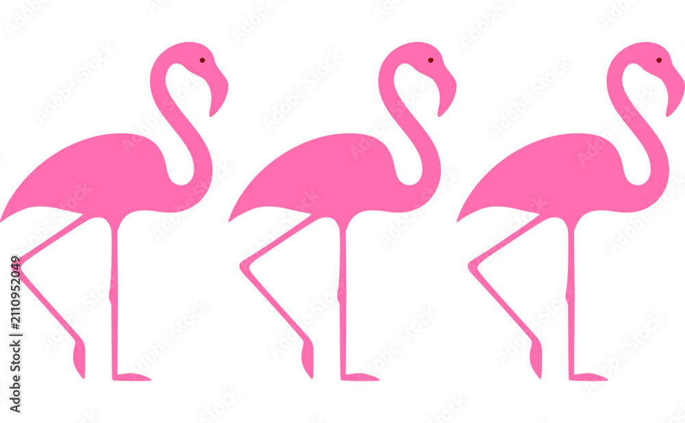 Obraz premium Set of three flat pink flamingo silhouettes, elegant tropical birds, minimalist summer nature illustration.