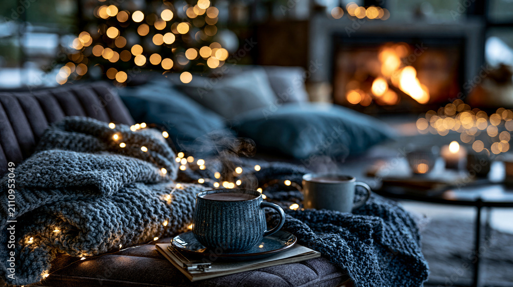 Obraz premium Steaming hot beverages creating cozy winter hygge atmosphere