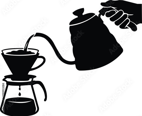 Obraz na plátne Bold black silhouette of a gooseneck kettle pouring hot water into a pour over c