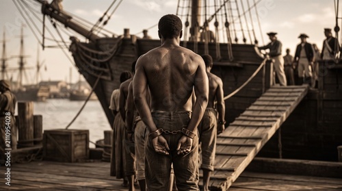 International Day for the Remembrance of the Slave Trade and its Abolition. Black slaves boarding a slave ship