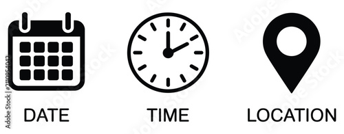 Date Time Location Icon set, calendar, clock, and location pin symbols, vector illustration for business scheduling, office planning, meeting coordination, appointments, and productivity management.da