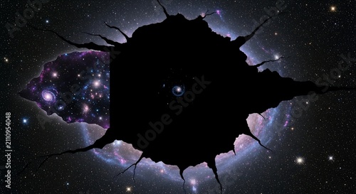 Black hole silhouette expands through a cosmic nebula background filled with bright distant stars and galactic dust.