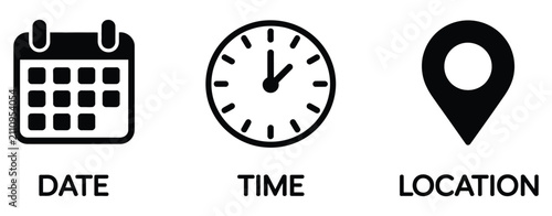 Date Time Location Icon set, calendar, clock, and location pin symbols, vector illustration for business scheduling, office planning, meeting coordination, appointments, and productivity management.da