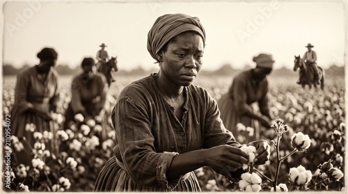 International Day for the Remembrance of the Slave Trade and its Abolition. Woman black picking cotton