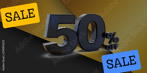 Quadro su tela Black 50 percent off sale sign, 3D render of discount promotion on gold and blac
