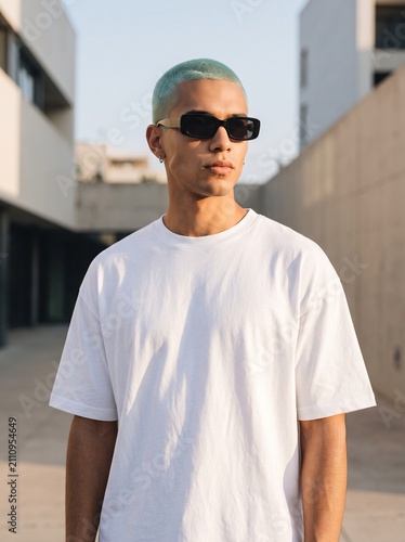 Man wearing blank white t-shirt outdoors for apparel mockup