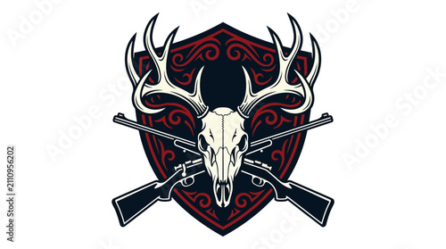 Bild auf Leinwand Symmetrical graphic vector of a deer skull with large antlers positioned over crossed hunting rifles and a decorative shield with red ornate filigree on a white background