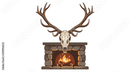 Fotografie Digital illustration of a large stag deer skull with symmetrical antlers mounted above a rustic stone fireplace mantle featuring a burning fire and wooden logs, isolated on white