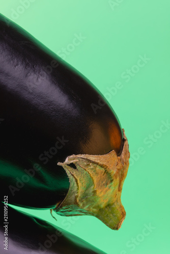 Obraz na plátně Close up of a purple eggplant head with green sepal on green background