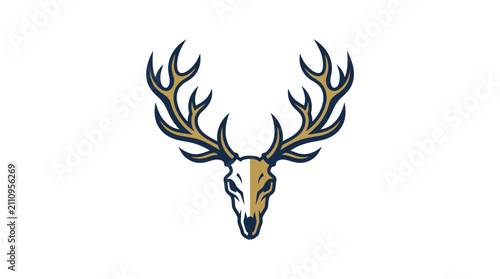 Canvastavla Flat design minimalist deer skull illustration featuring large multi-pointed antlers in navy blue and gold tones on a clean white background for modern branding or logo design