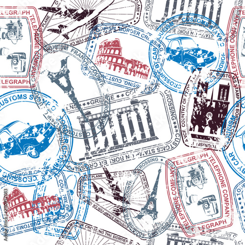 Seamless texture with travel stamps from different countries. Vector.