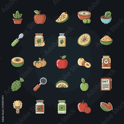 Healthy fruit and vegetable icons on dark background.