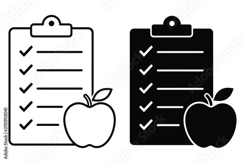 Healthy eating checklist icon set with apple and clipboard checklist clipboard