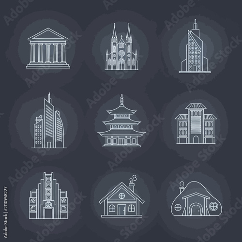 Historical and modern building line icons on blue.