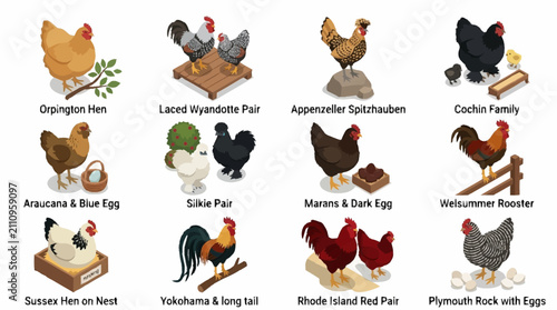 Fotografía Colorful illustrated collection of different chicken breeds and eggs
