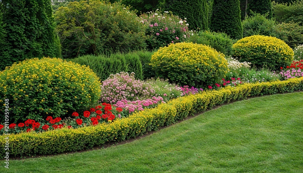 Obraz premium Landscaped garden with blooming flowers. Vibrant green lawn and manicured shrubs.