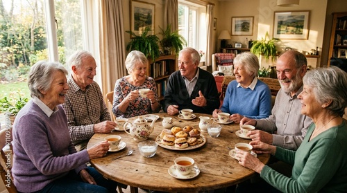 Joyful group of senior adults gathered around a warm rustic wooden dining table for afternoon tea, sharing fresh scones, assorted pastries, and cheerful conversation in a cozy sunlit home living