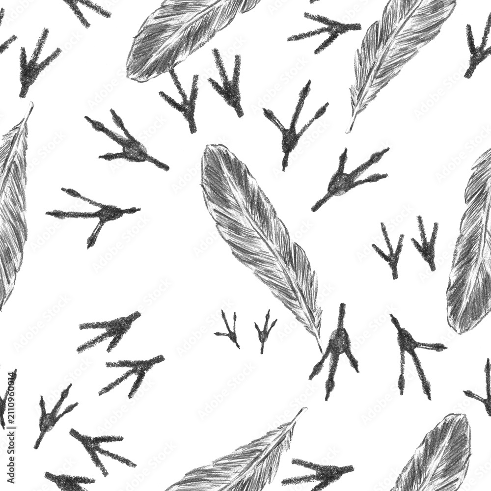 Fototapeta premium Seamless repeating pencil sketch pattern with feathers and bird tracks. Perfect for cottagecore wallpaper, nature-themed textile prints, and rustic home decor.