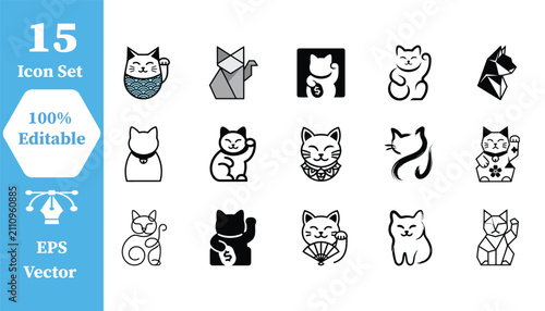 Lucky cat maneki neko icon set for japanese culture with figurine, prosperity