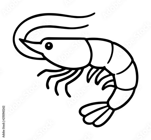 Black and white vector icon of a shrimp, isolated line art prawn illustration, minimalist hand-drawn seafood outline graphic for menu design, cooking asset, and marine animal vector graphics.