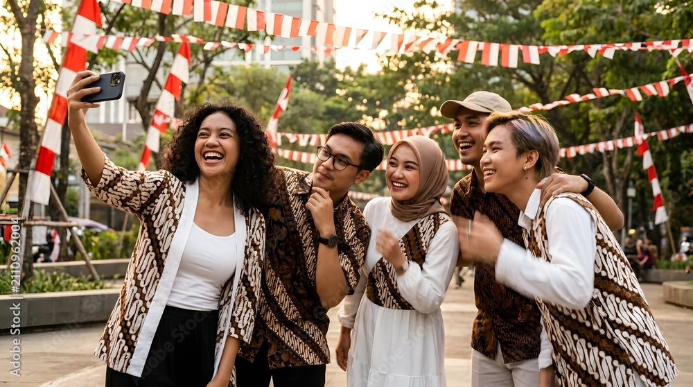Fototapeta premium Friends take group selfie in traditional batik and red attire.