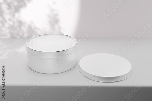 Fotografie Cosmetic tin jar mockup with detached open lid, blank white round metal containe