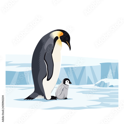 Photography Emperor Penguin with Chick on Icy Shore