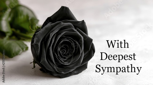 condolence card with black rose and text with deepest sympathy