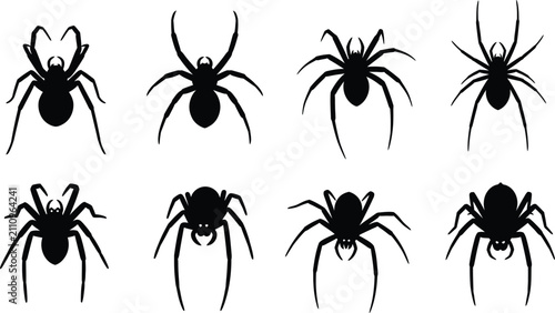 Obraz na płótnie Black spider silhouettes, 8 arachnid vector icons, spooky insects isolated on Tr