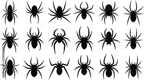 Foto Spider silhouette icons, 18 black arachnid vectors, Halloween set isolated on Tr
